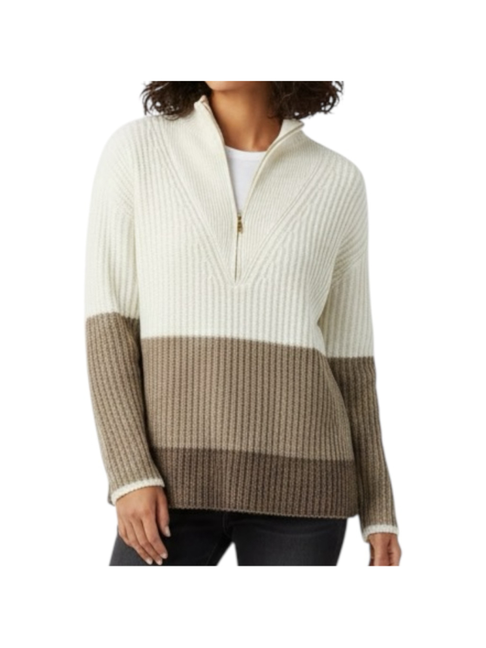 TALBOTS ZIP COLLAR SWEATER - BLOCKED STRIPE MEDIUM PETITE
